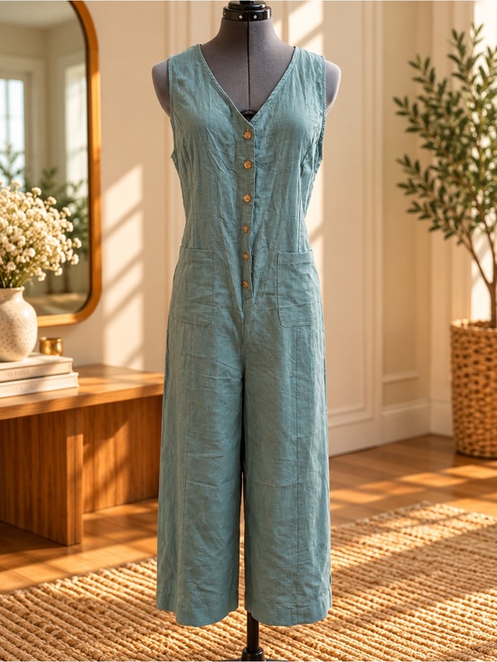 Yeokou Pants - Sleeveless Button-Front Wide-Leg Jumpsuit in Seafoam